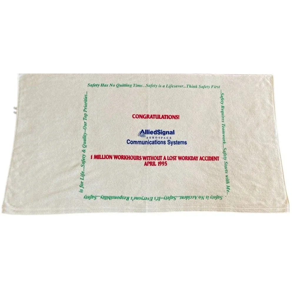Vtg 90s Allied Signal Beach Towel 1 Million Workhours Without Accident White USA